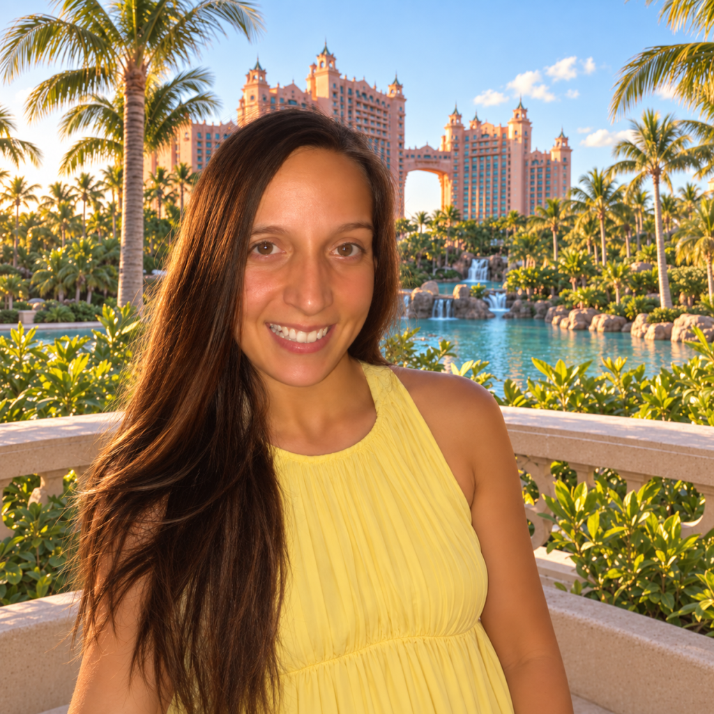 Katrina DeGrande, travel advisor and founder of Bahama Mama Travel Co., standing in front of The Royal at Atlantis Paradise Island in the Bahamas.