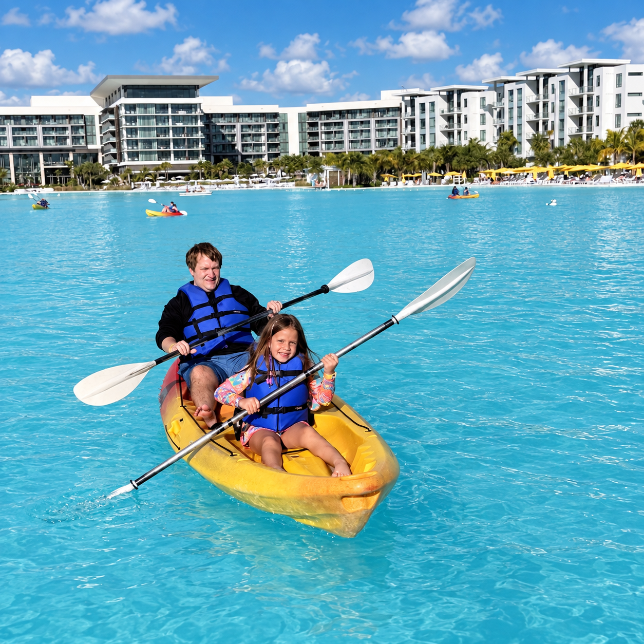 An adult and child kayaking on the clear turquoise waters of Evermore Bay at Evermore Orlando Resort in Florida.