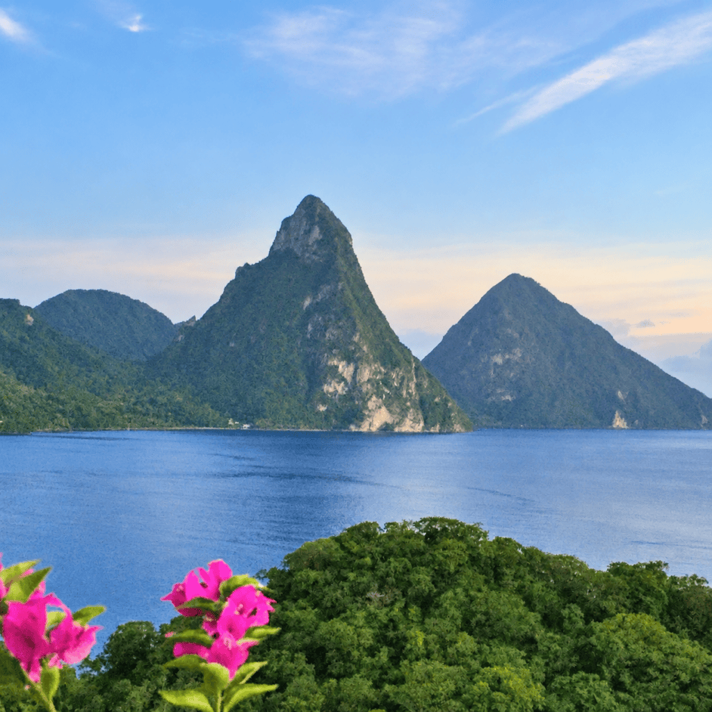 The Pitons rising above the Caribbean coastline in St. Lucia.