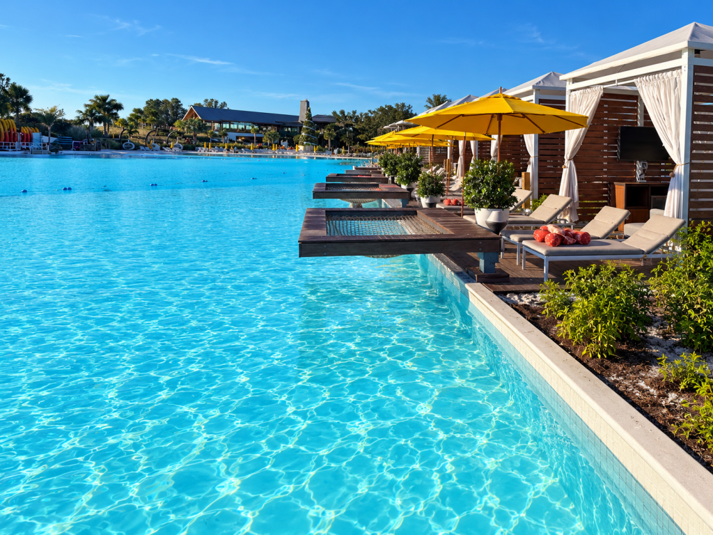 Cabanas beside the turquoise waters of Evermore Bay at Evermore Orlando Resort in Orlando, Florida.