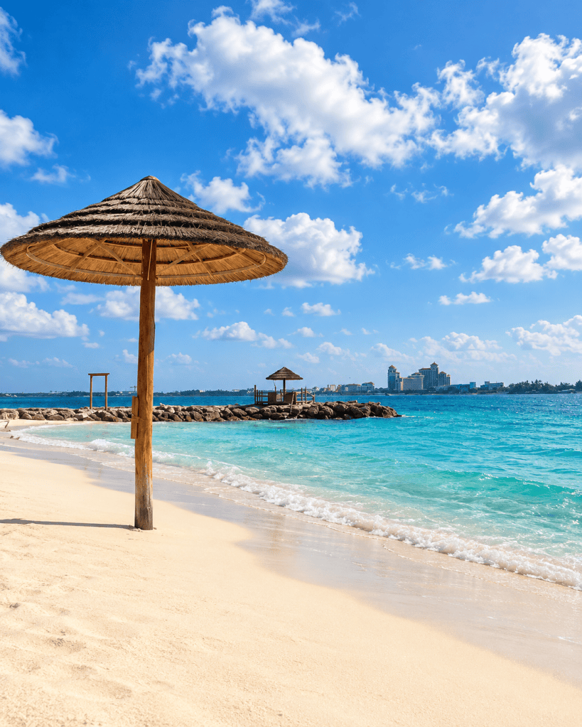 Thatched beach umbrella beside white sand and turquoise water on Sandals Royal Bahamian’s private island in Nassau, Bahamas.
